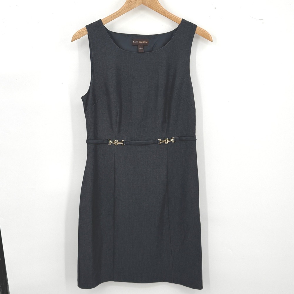 DANA BUCHMAN Women Sheath Dress Dark Gray Sleeveless Gold Buckle Detail Size 6